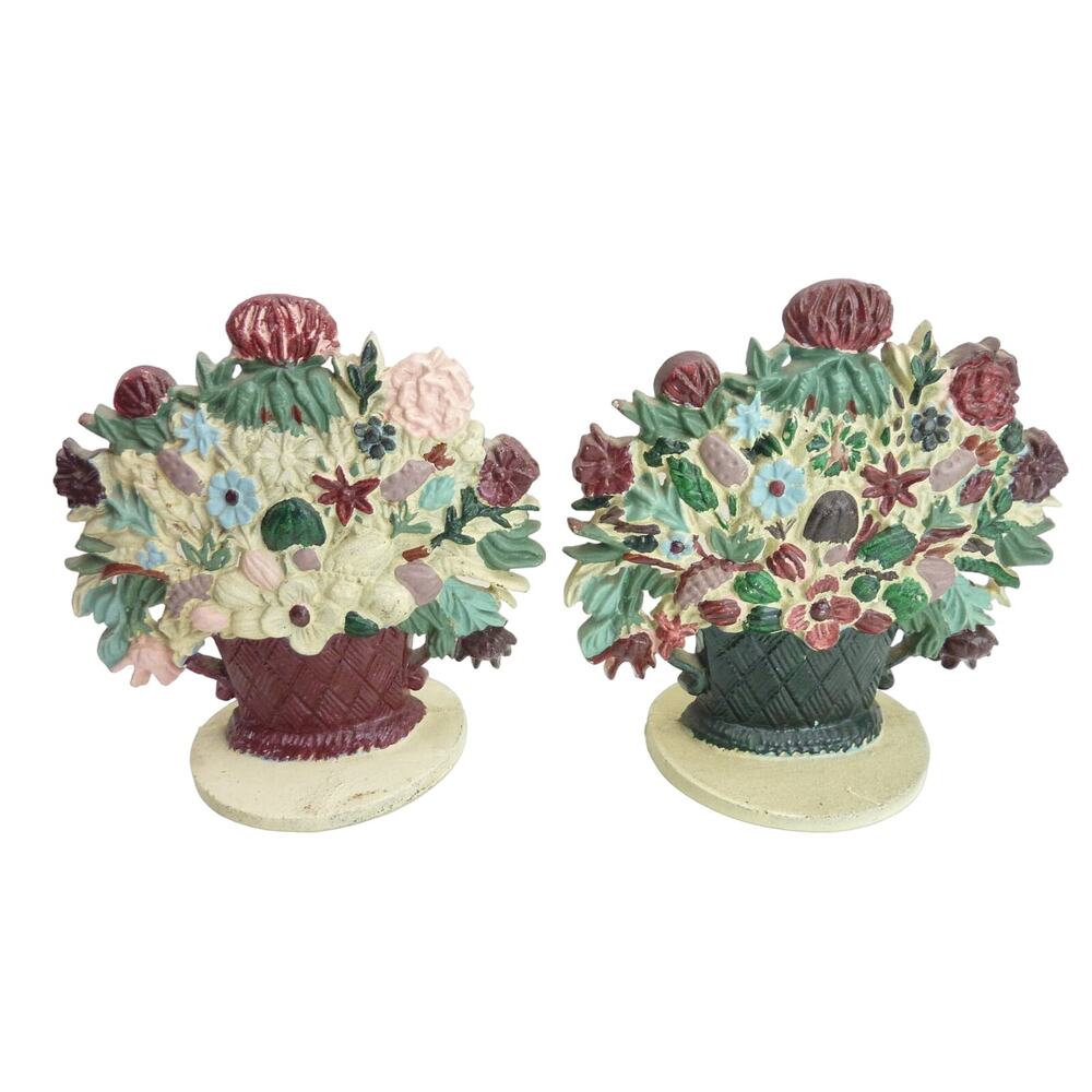 Vintage Cast Iron Flower Bouquet Doorstop Pair Bookends Cottagecore Floral Decor